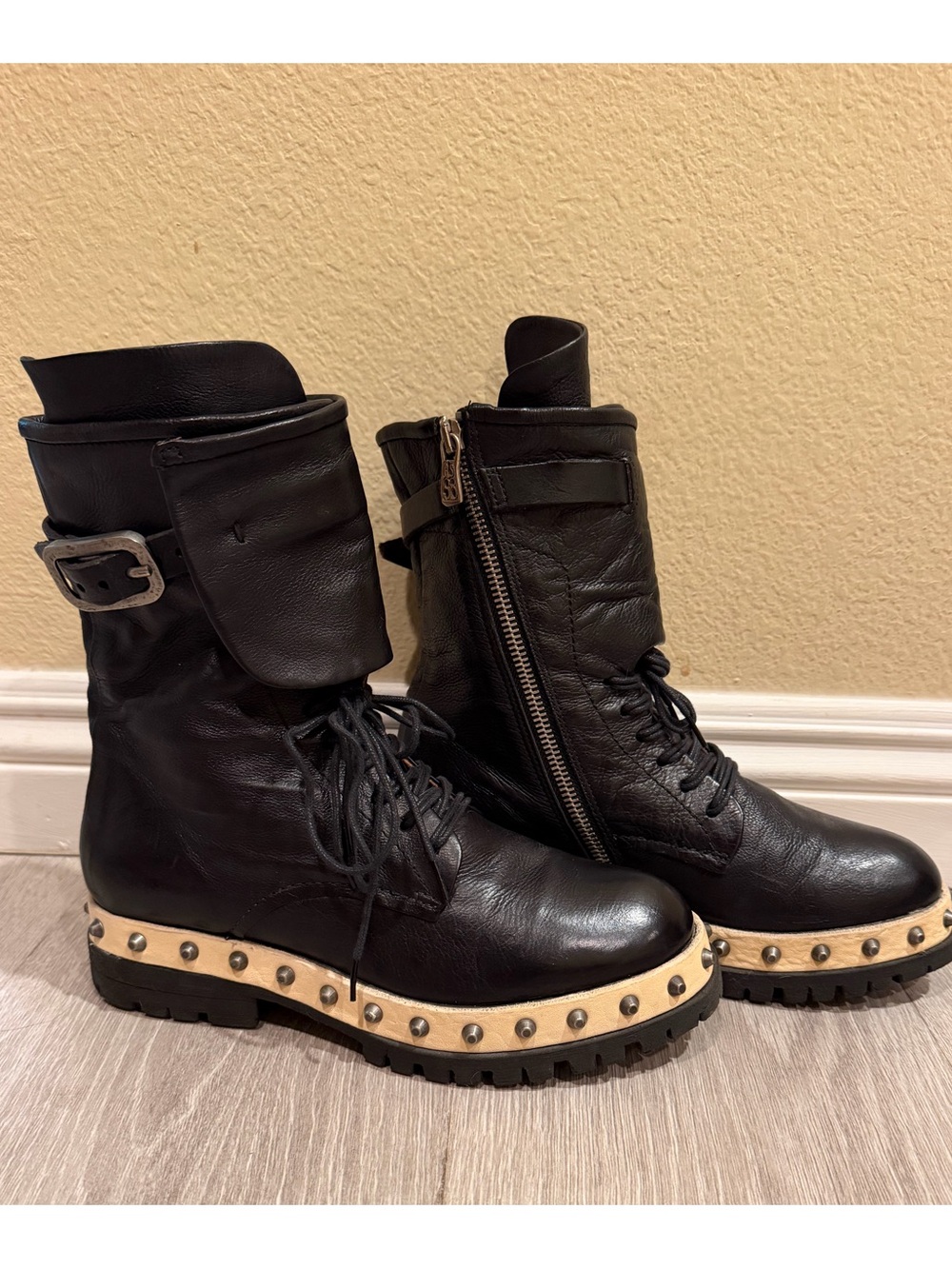 A.S.98 Leather Asymmetrical Tongue Combat Boot w/Cream Studded Trim Sz 37 (6.5)